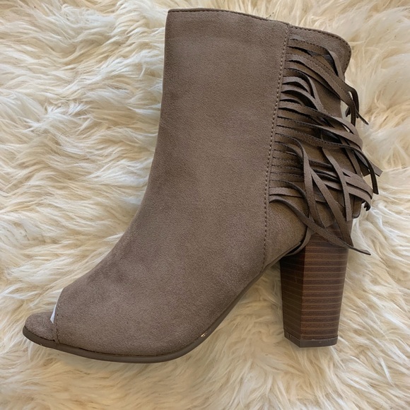 The Funky Fringe Peep Toe Bootie, Taupe - Picture 2 of 4